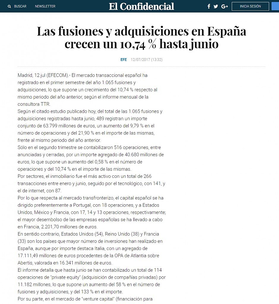 Las fusiones y adquisiciones en Espaa crecen un 10,74 % hasta junio